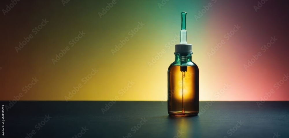 a bottle filled with a liquid sitting on top of a table next to a rainbow colored wall in the background. a bottle filled with a liquid sitting on top of a table next to a rainbow colored wall in the background.