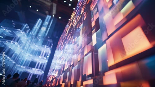Closeup of a digital projection mapping onto a massive sculpture in an innovative interactive art installation. photo