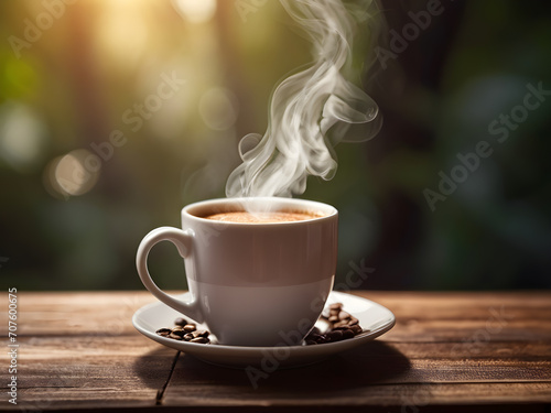 Hot, fresh coffee with a little smoke. White cups placed on a wooden table, soft sunlight, beautiful atmosphere. Blurry bokeh background