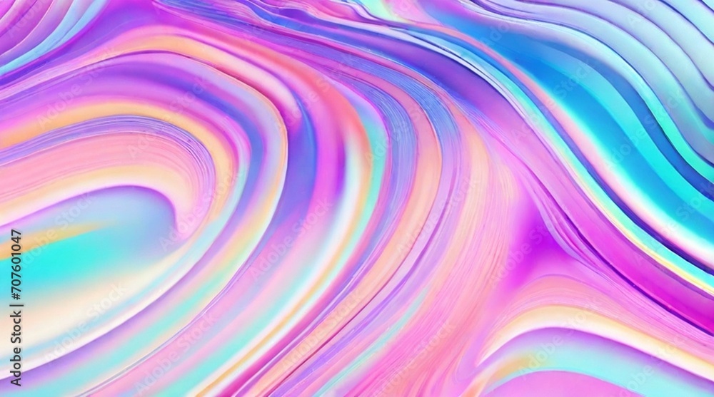 An abstract, fluid, iridescent holographic neon curved wave in motion, presented as a colorful 3D render. This gradient design element is ideal for backgrounds, banners, wallpapers, posters, and cover