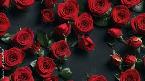 Seamless valentine concept red roses on black background texture from Generative AI