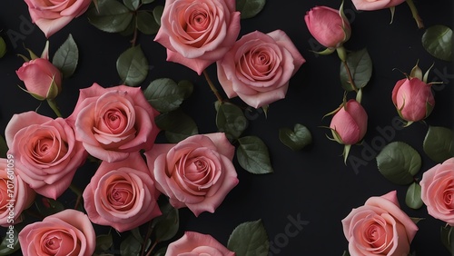 Seamless valentine concept pink roses on black background texture from Generative AI