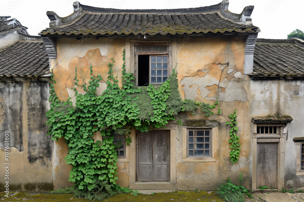 An ancient building with ivy growing on it, abandoned