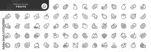 Set of line icons in linear style. Set - Fruits and exotic fruits. Edible fruits of trees and plants. Outline icon collection. Pictogram and infographic. Editable stroke. 