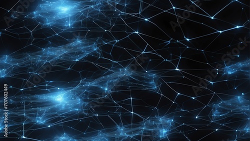 A futuristic network of scattered interconnected circuitry network connections mesh, illuminated by a blue lighton black from Generative AI © sevenSkies
