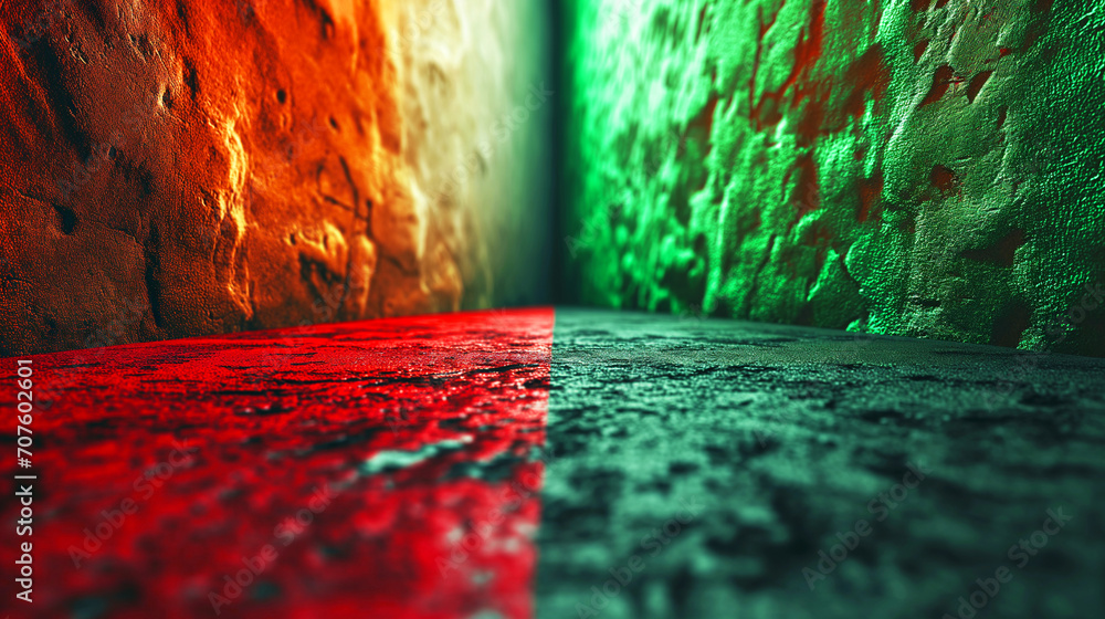 red surface on the left and a green surface on the right, textured and rough, representing loss and profit - obrazy, fototapety, plakaty 