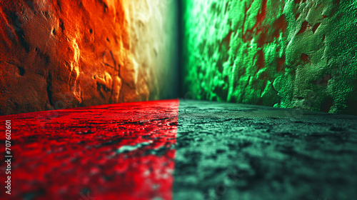 red surface on the left and a green surface on the right, textured and rough, representing loss and profit photo