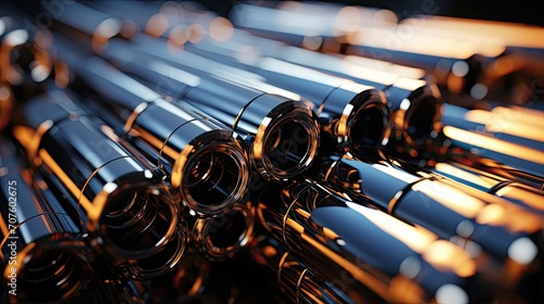 Steel pipes of different diameters in the warehouse of pipelines and spare parts for oil refining petrochemical equipment photo