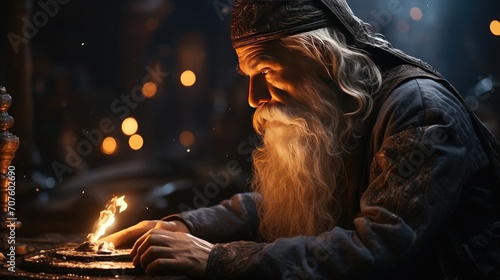 Portrait of an old man magician wizard with a long gray beard on the background of the night