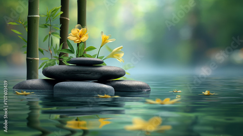 A relaxing image of stones on water with bamboo pillars behind them, background bamboo. Yoga Concept. 