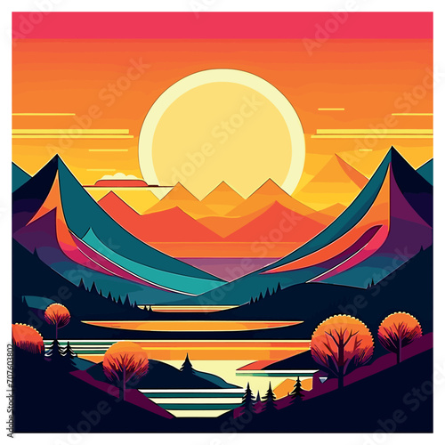 Mountain landscape at sunset with colorful reflections shimmering on the water