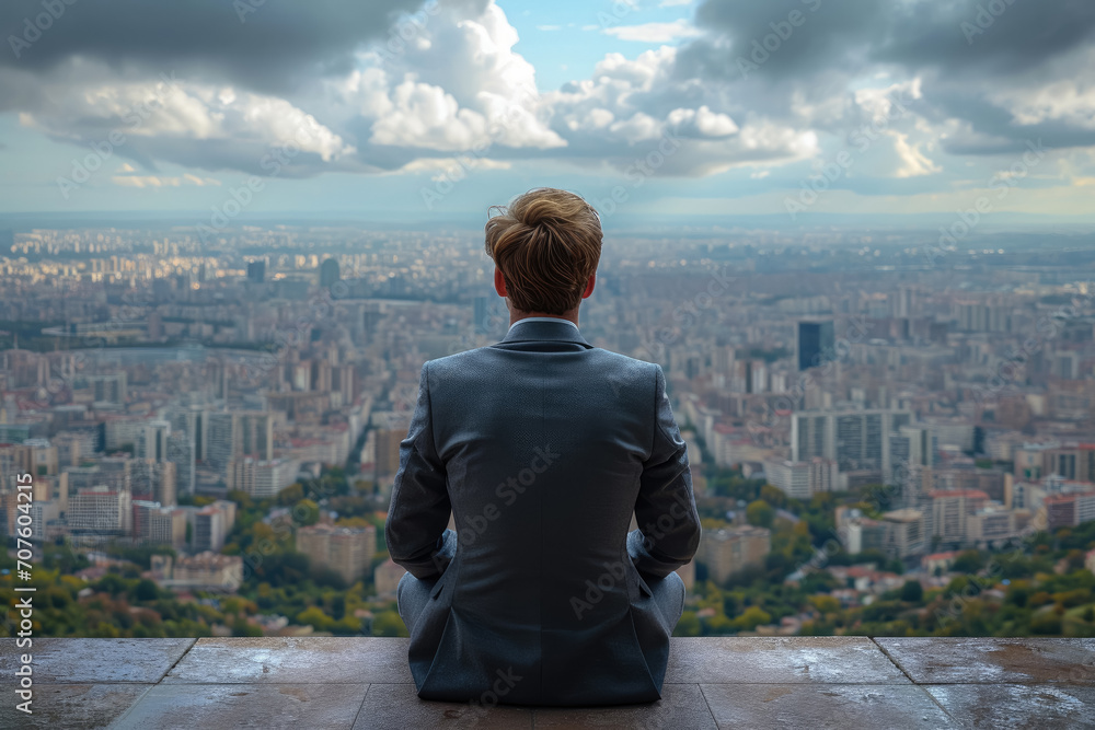 Businessman looking for modern city and blue sky clouds, Cityscape view , business plan success concept