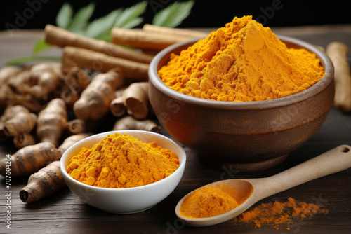 Aromatic turmeric powder and raw roots on wooden table, food and herb concept