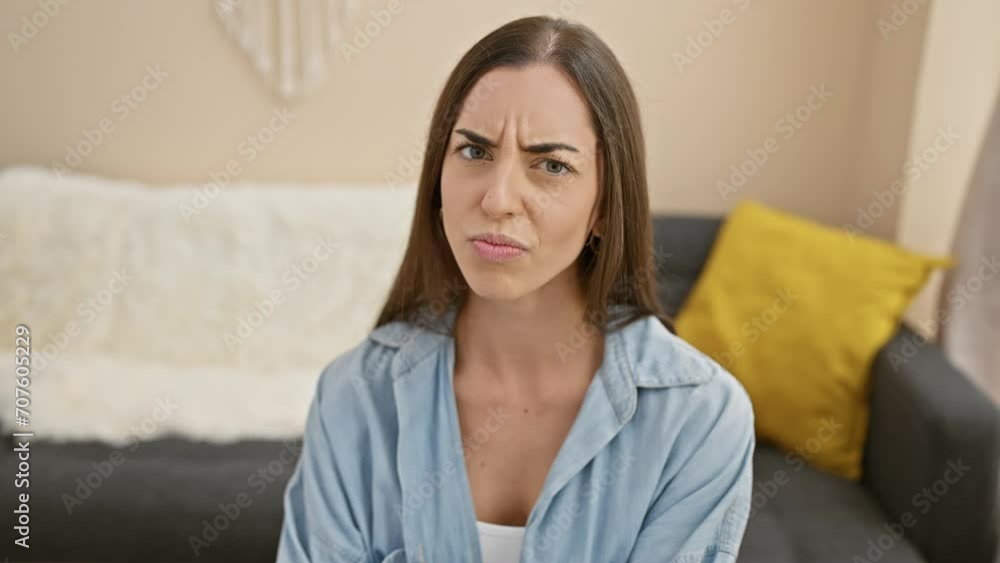 Upset young hispanic woman sitting on her living room's sofa, looking distraught in the heart of her home's interior Upset young hispanic woman sitting on her living room's sofa, looking distraught in the heart of her home's interior