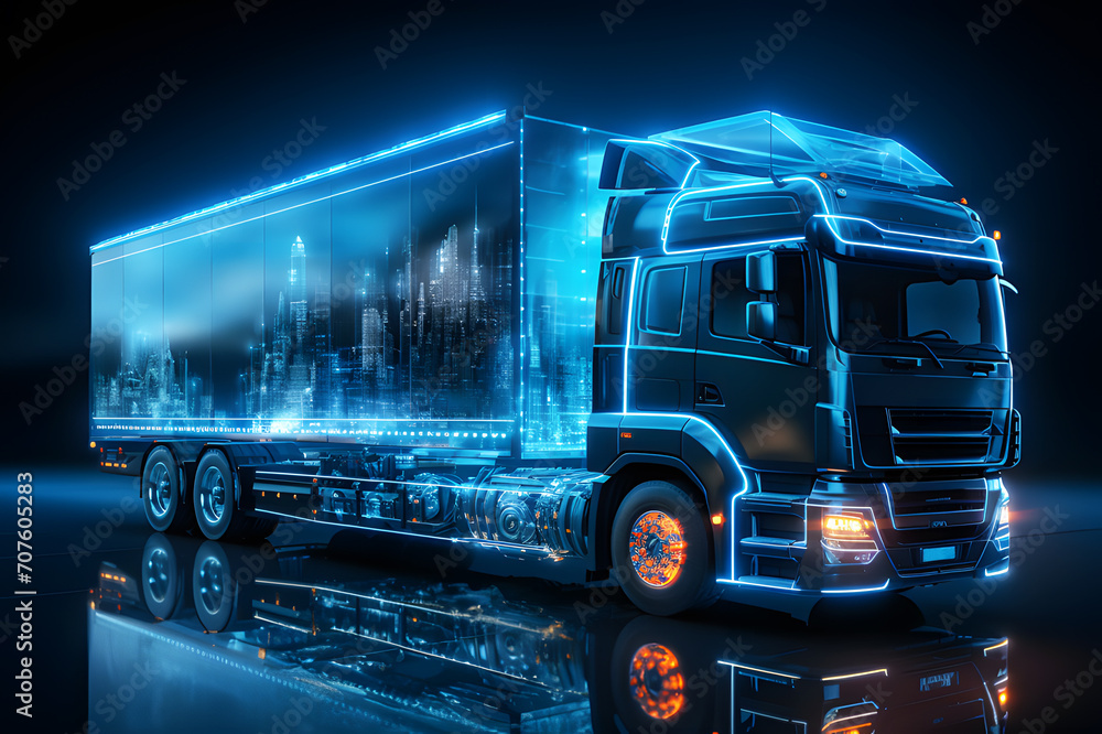 Holographic of digital truck display blue background. Futuristic Technology of Autonomous Truck with Cargo Trailer. Road with sensors scanning surrounding. Driving Truck.
