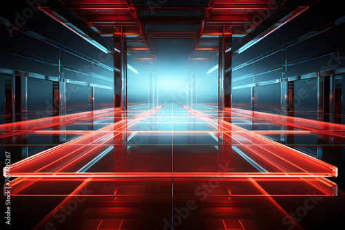 Holographic of digital walkway inside the building of hotel or office building. interior view toward reception hall, modern luxury room space display red, blue background. Building glass wall window.