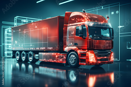 Holographic of digital digital truck display red background. Futuristic Technology of Autonomous Truck with Cargo Trailer. Road with sensors scanning surrounding. Driving Truck. photo