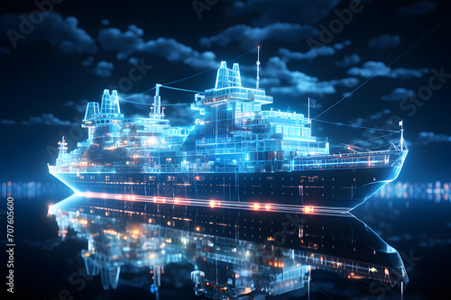 Holographic large cargo ship, vessel on blue background. smart logistics and warehouse Technology concept tracking shipment delivery, Container ship port, Global business import export transportation.