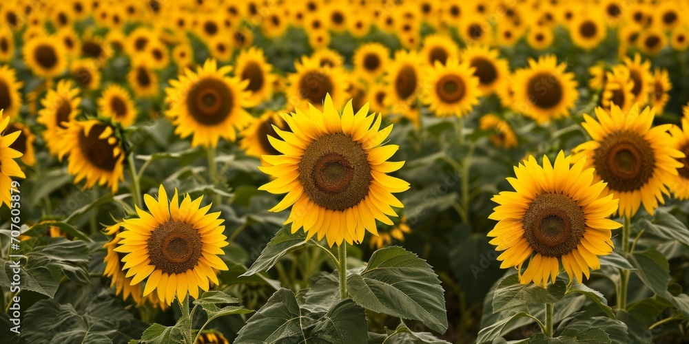 From a high angle, a breathtaking view unfolds as a vast sea of sunflowers stretches out, creating a mesmerizing and expansive natural landscape.