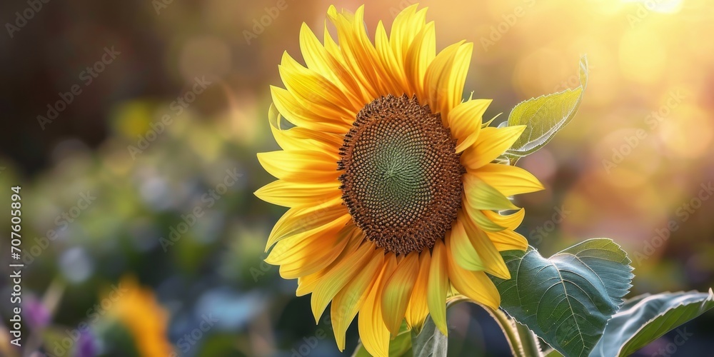 Naklejka premium A focused sunflower takes center stage with a blurred background, emphasizing its individual beauty against the soft and dreamy surroundings.