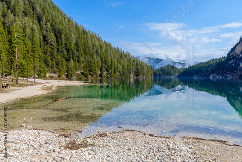 beautiful landscape of mountain lake Braies in the Dolomites, Italy. Trail around the lake