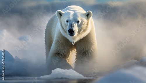 Arctic Awakening  A lone polar bear emerges from mist  its fur rendered in photorealistic precision.