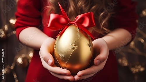 large golden easter egg with ribbon bow photo