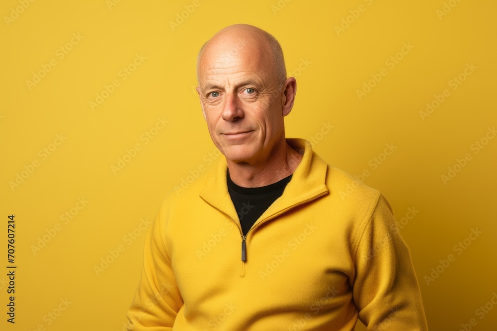 Portrait of a bald man in a yellow hoodie on a yellow background
