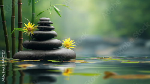 A relaxing image of stones on water with bamboo pillars behind them  background bamboo. Yoga Concept. 
