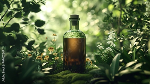 Forest Luxury Background,3d glass bottel Packaging Mockup, Nature Elegance, Ai generated