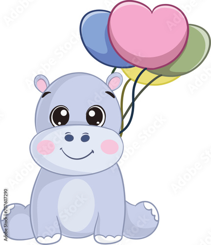 Cute Little hippo and Heart balloon  cartoon illustration