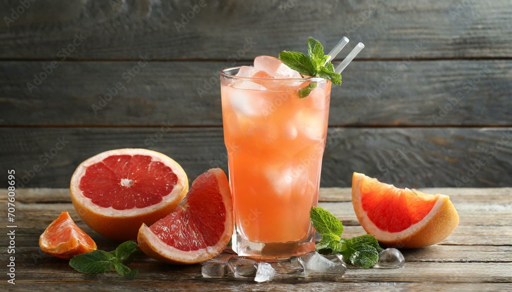 Tasty grapefruit drink with ice in glass and fresh fruits on wooden table Tasty grapefruit drink with ice in glass and fresh fruits on wooden table