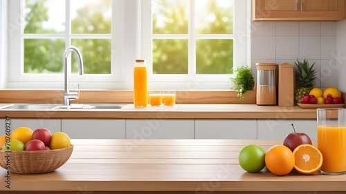 fruits and juice on wooden tabletop counter. out of focus kitchen.