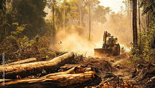 Tropical forest being cleared, an excavator clearing land of vegetation, dust in the air. The concept of deforestation and human impact on nature.