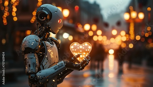 A robot holding a glowing heart against a backdrop of street lights. The concept of Valentine's day