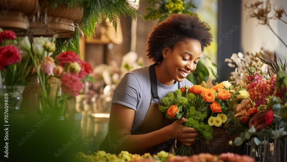 Young African American female florist smiling while arranging a bouquet in a flower shop. - obrazy, fototapety, plakaty 
