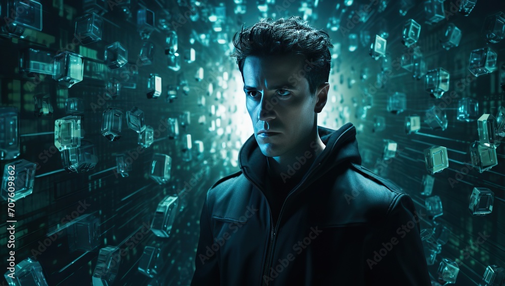 A man in a jacket stands before a digital interface with floating cubes. The concept of virtual reality and user interface.