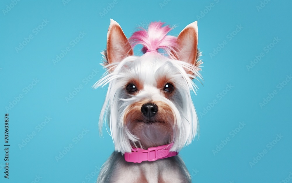 A Yorkshire Terrier dog with white fur and a pink bow on its head against a blue background. The concept of pet grooming and fashion.