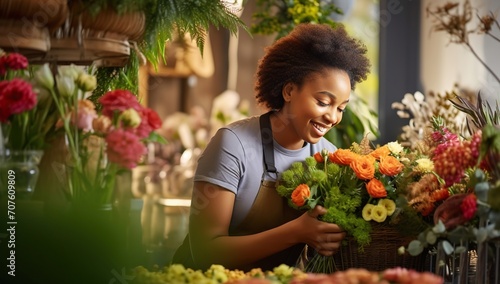 Young African American female florist smiling while arranging a bouquet in a flower shop. photo