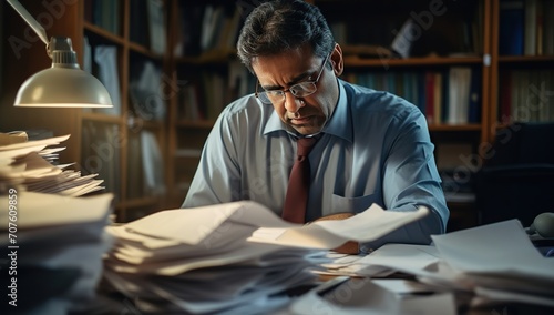 A lawyer concentrates on reading documents late in the evening in his office, surrounded by books and papers. The concept of intense work and attention to detail.