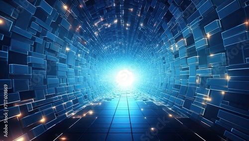Blue digital tunnel with shining light at the end. The concept of information technology and data.