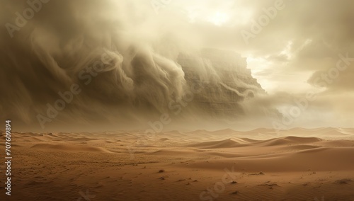 Sandstorm approaching the desert, creating a powerful wall of dust. The concept of force and inevitability of natural phenomena.
