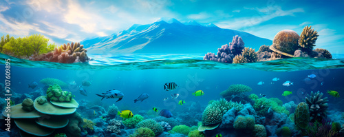 Panoramic view of an underwater world with a majestic mountainous landscape above it. Marine life swimming above a rich coral reef teeming with fish. Ecosystem. Travel. Diving, snorkeling. © stateronz