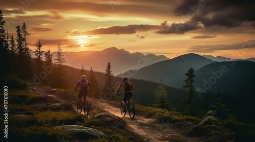 Mountain biking women and man riding on bikes at sunset mountains forest. copy space for text.