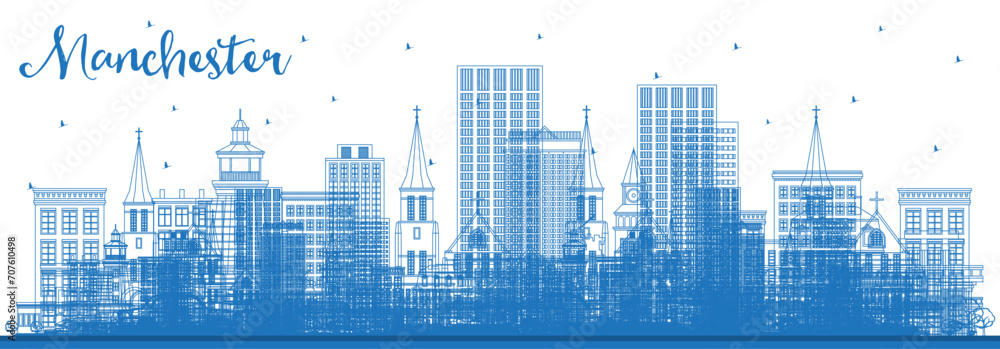 Outline Manchester New Hampshire City Skyline with Blue Buildings. Business Travel and Tourism Concept with Historic and Modern Architecture. Manchester USA Cityscape with Landmarks.