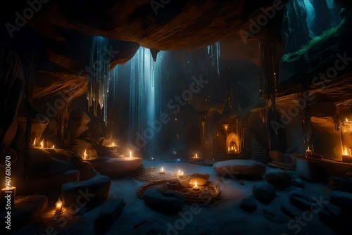 An enchanting fantasy scene set within a mystical cave, illuminated by otherworldly light sources, featuring fantastical elements like glowing crystals, ancient runes, and ethereal mist © Dawood