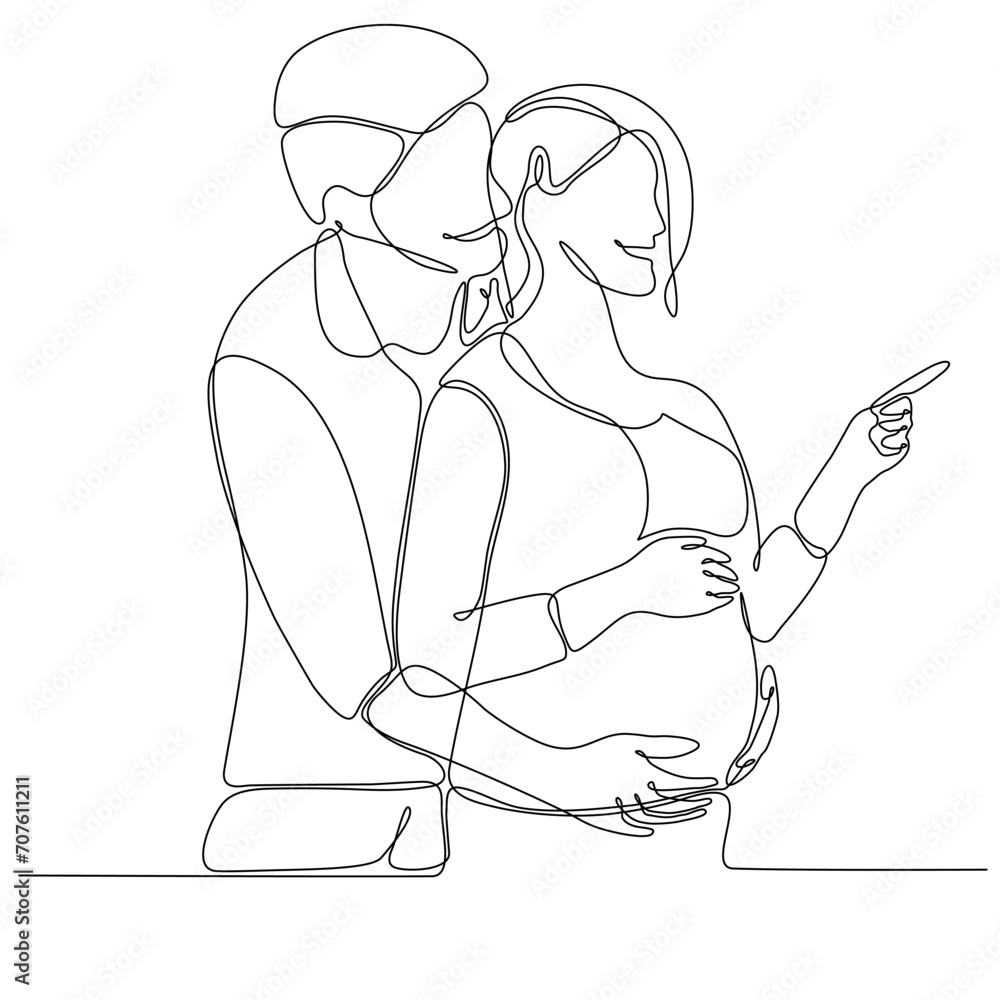 Pregnant girl and her husband. Couple family one continuous line drawing. Simple design vector illustration Pregnant girl and her husband. Couple family one continuous line drawing. Simple design vector illustration