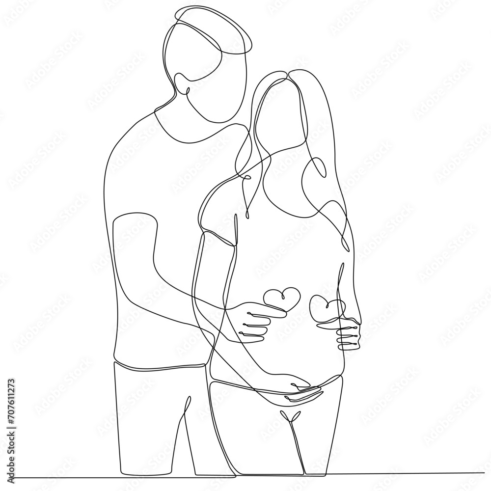 Pregnant girl and her husband. Couple family one continuous line drawing. Simple design vector illustration Pregnant girl and her husband. Couple family one continuous line drawing. Simple design vector illustration