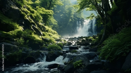 A cascading waterfall tumbling down sheer cliffs into a pristine mountain stream, amidst lush vegetation. Generative AI