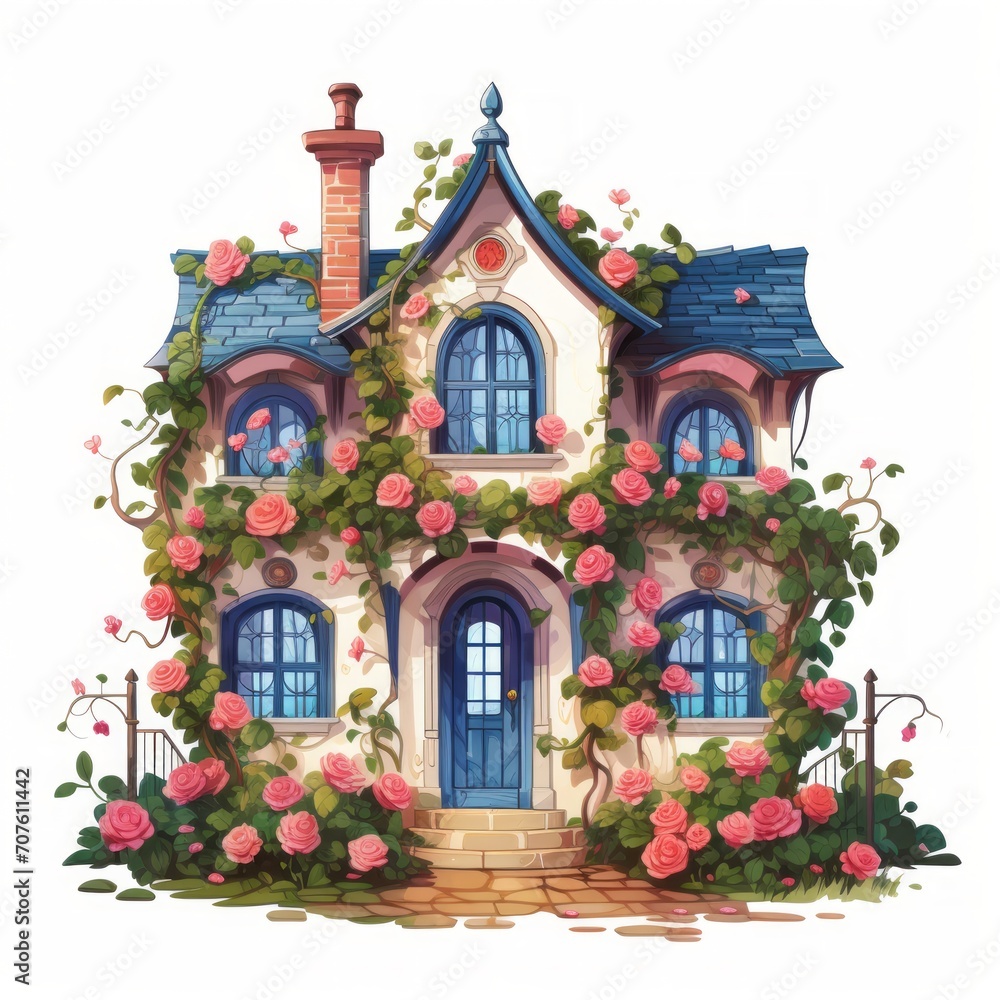 A charming fairytale home adorned with vibrant climbing roses and a serene white backdrop, flat, fairy tale, cartoon, cute, white background Generative AI